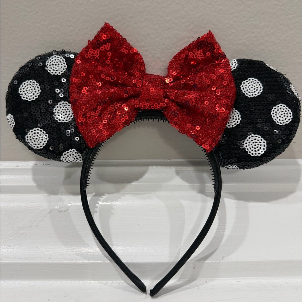 Minnie Ears with Polka Dot Sequin Headband with Red Bow